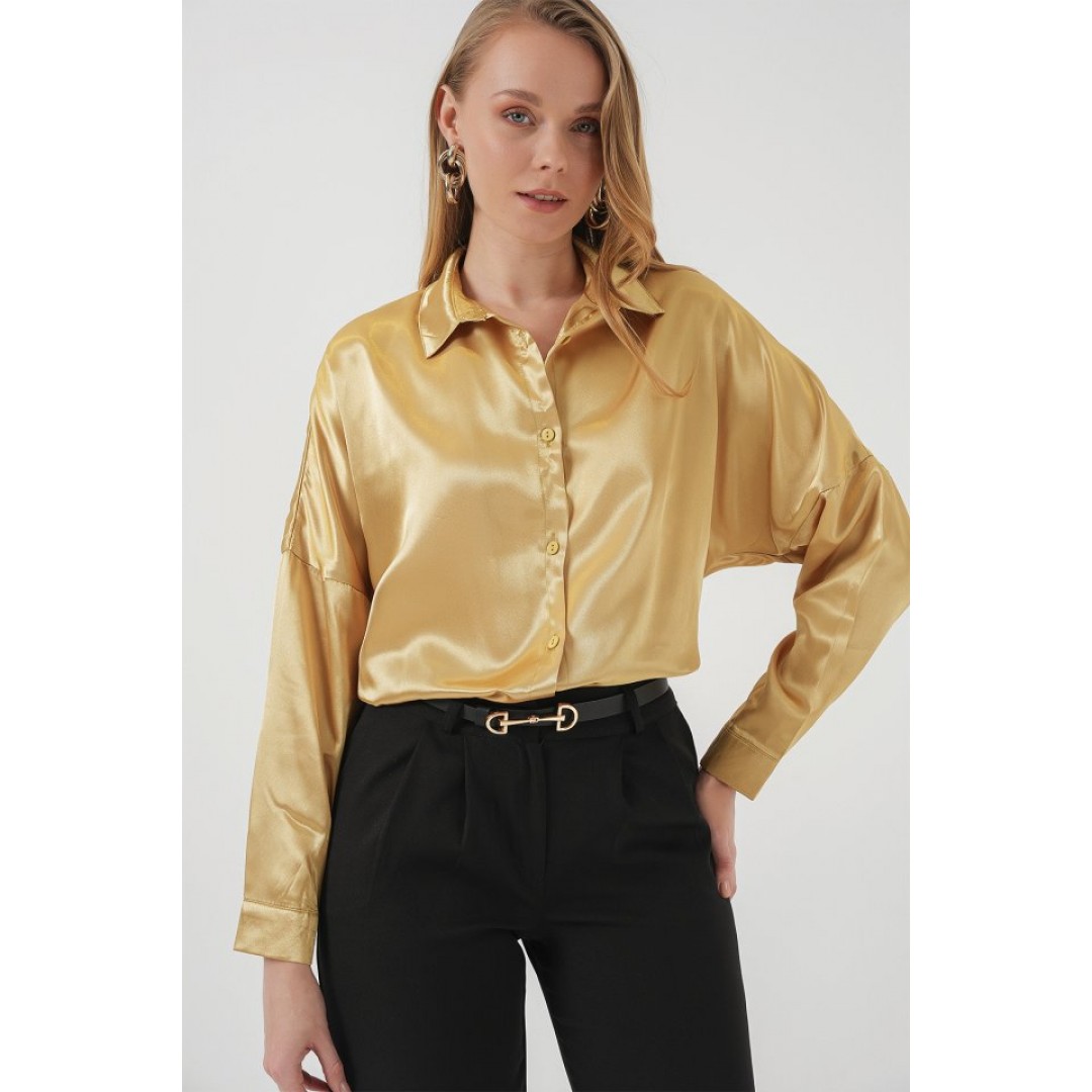 3985 Oversize Saten Gömlek - Altın Sarısı