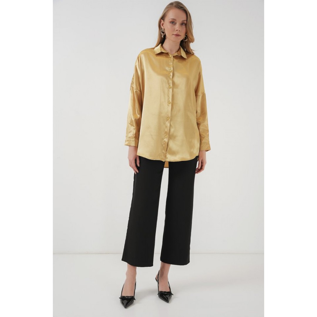 3985 Oversize Saten Gömlek - Altın Sarısı 145882 3985 Oversize Saten Gömlek - Altın Sarısı 145882