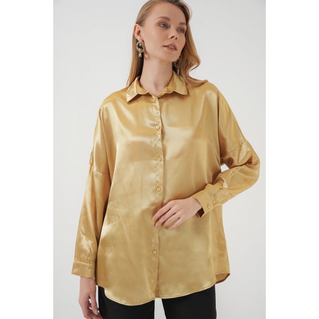 3985 Oversize Saten Gömlek - Altın Sarısı 145882 3985 Oversize Saten Gömlek - Altın Sarısı 145882