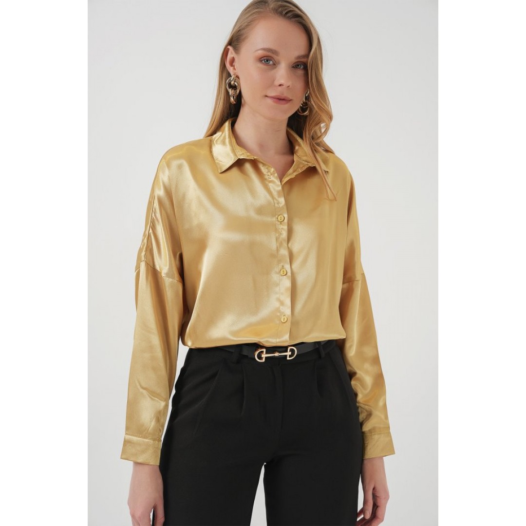 3985 Oversize Saten Gömlek - Altın Sarısı 145882 3985 Oversize Saten Gömlek - Altın Sarısı 145882