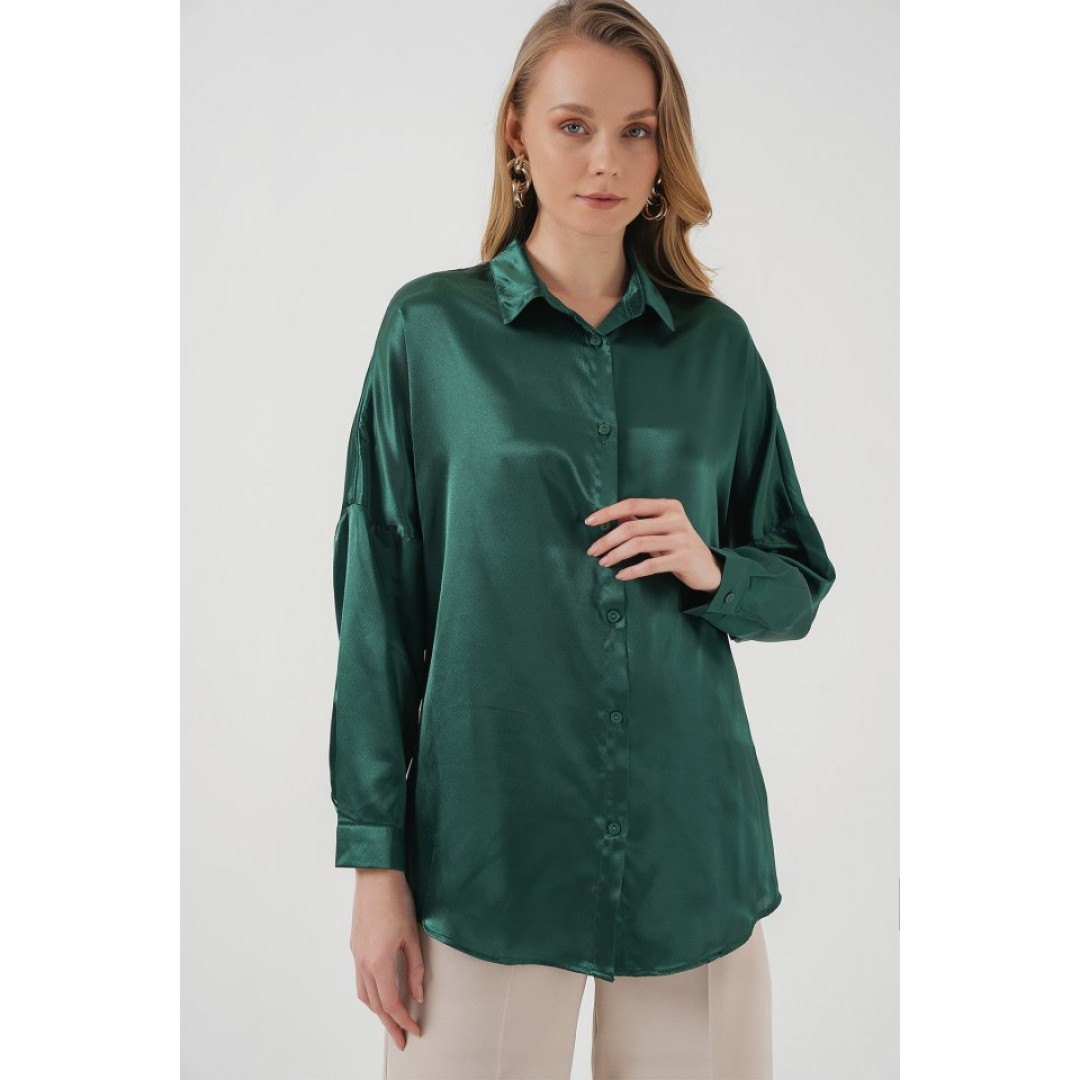 3985 Oversize Saten Gömlek - Zümrüt Yeşili