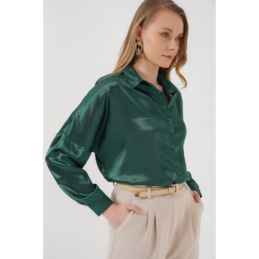 3985 Oversize Saten Gömlek - Zümrüt Yeşili - 145883 3985 Oversize Saten Gömlek - Zümrüt Yeşili - 145883