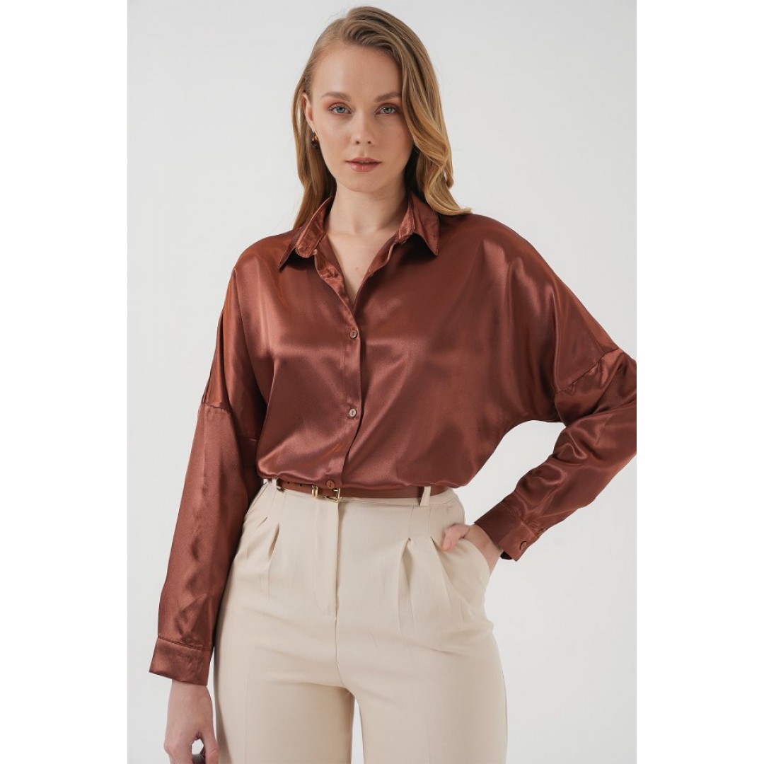 3985 Oversize Saten Gömlek - Taba