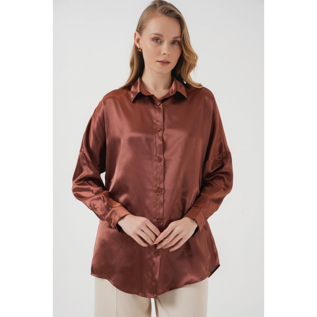 3985 Oversize Saten Gömlek - Taba 145884 3985 Oversize Saten Gömlek - Taba 145884