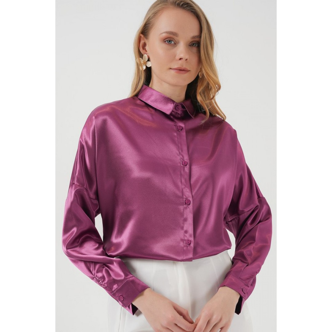 3985 Oversize Saten Gömlek - Koyu Lila