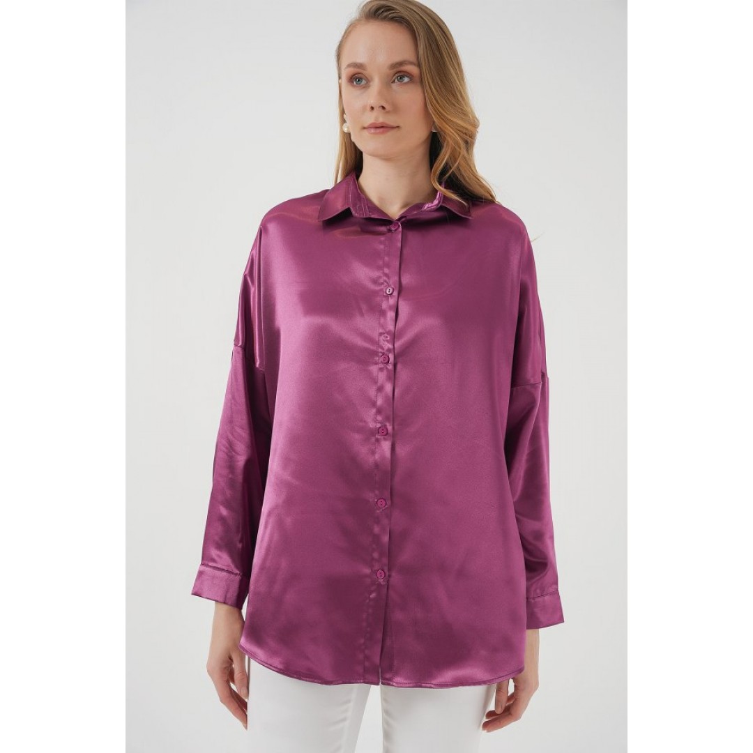 3985 Oversize Saten Gömlek - Koyu Lila 145886 3985 Oversize Saten Gömlek - Koyu Lila 145886