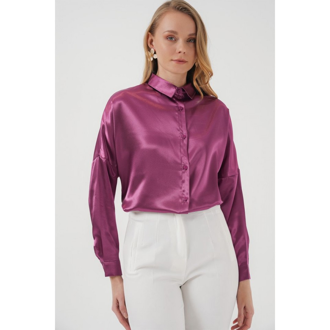 3985 Oversize Saten Gömlek - Koyu Lila 145886 3985 Oversize Saten Gömlek - Koyu Lila 145886