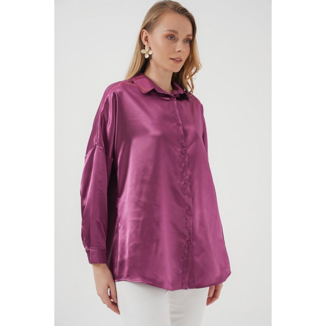 3985 Oversize Saten Gömlek - Koyu Lila 145886 3985 Oversize Saten Gömlek - Koyu Lila 145886