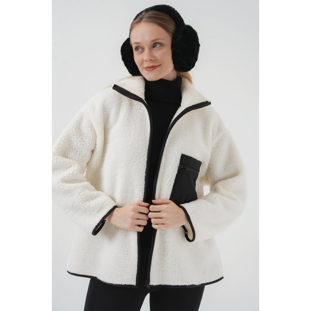55446 Fermuarlı Oversize Peluş Ceket Mont - D. Siyah