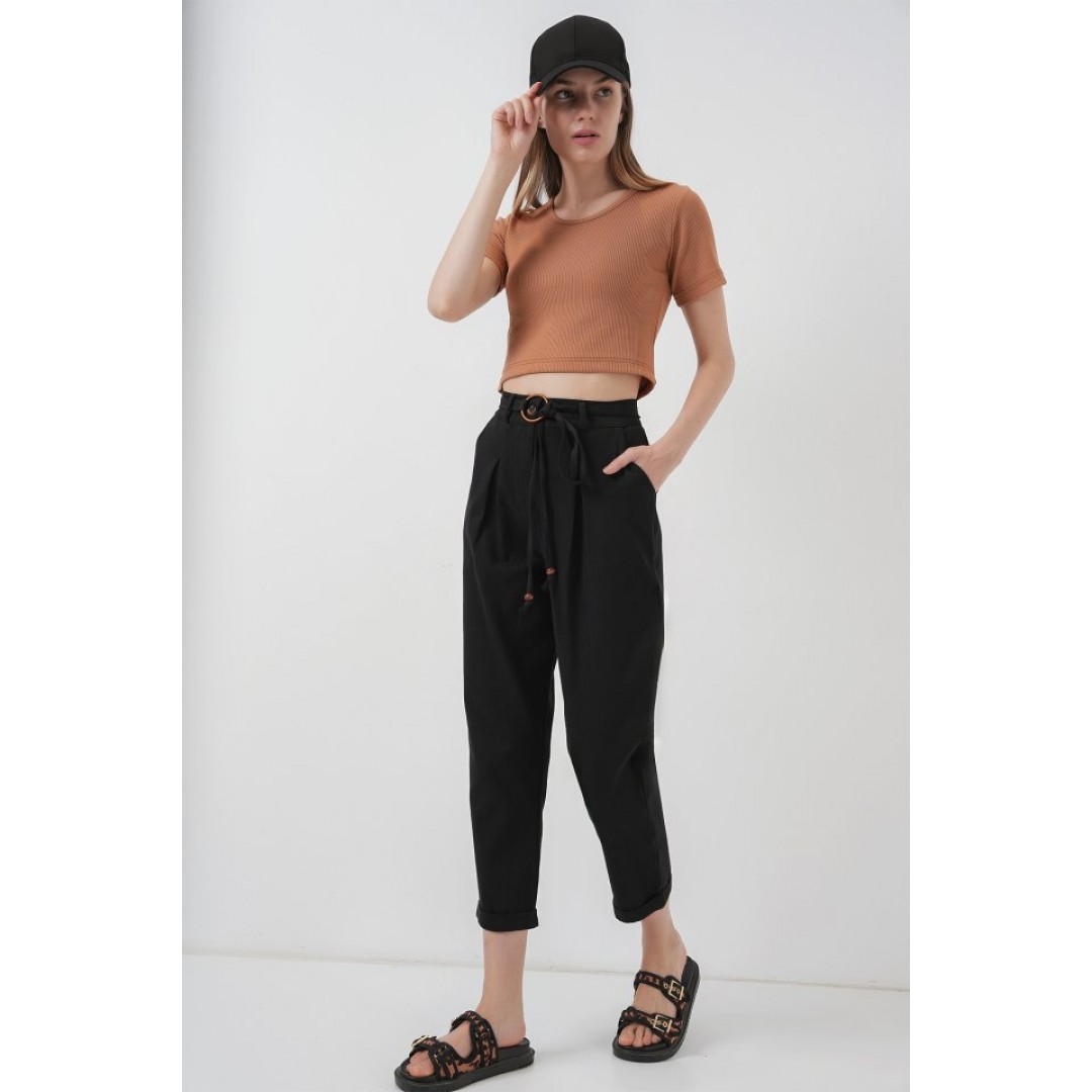 6660 Kemerli Keten Pantolon - Siyah