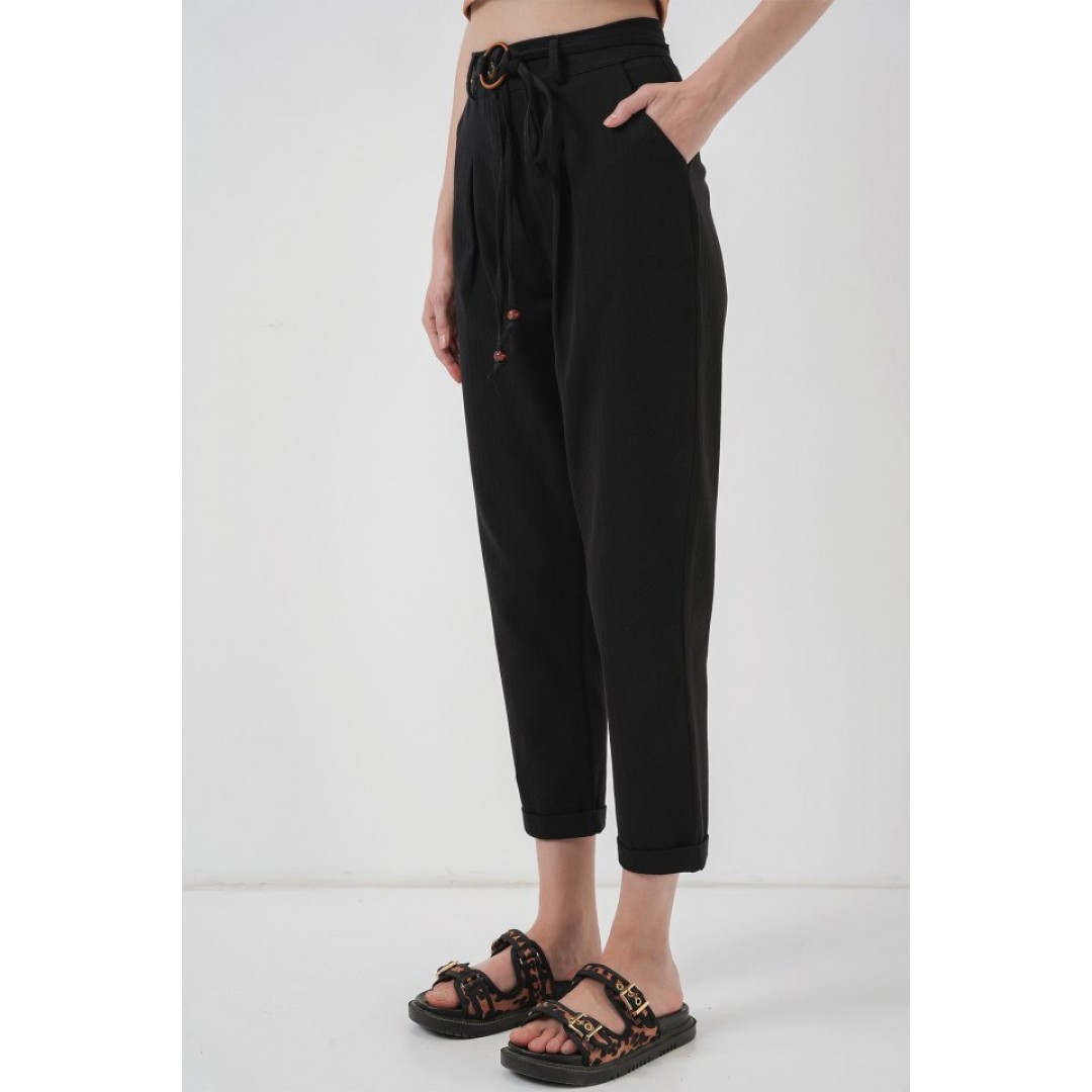 6660 Kemerli Keten Pantolon - Siyah 145895 6660 Kemerli Keten Pantolon - Siyah 145895