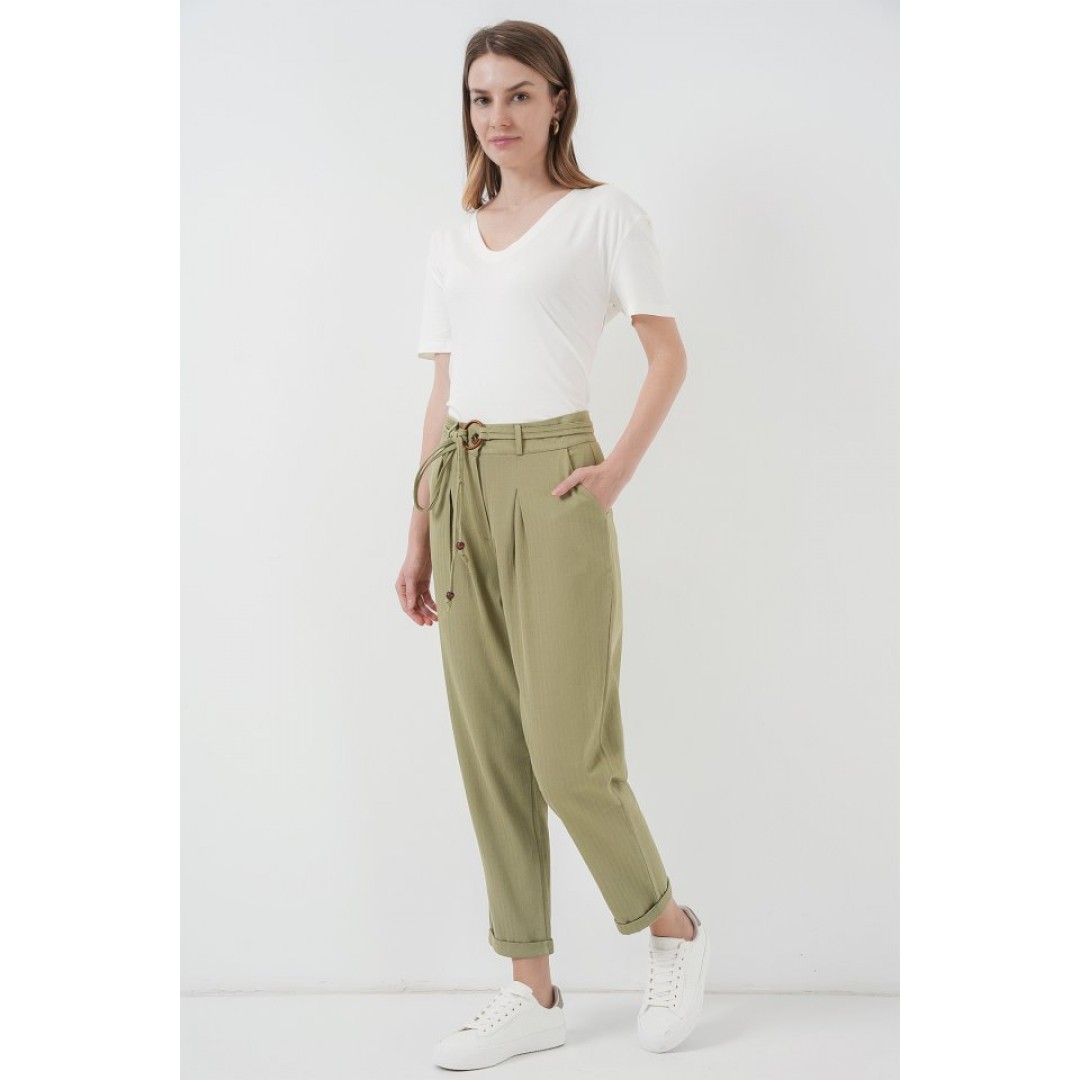 6660 Kemerli Keten Pantolon - Haki 145897
