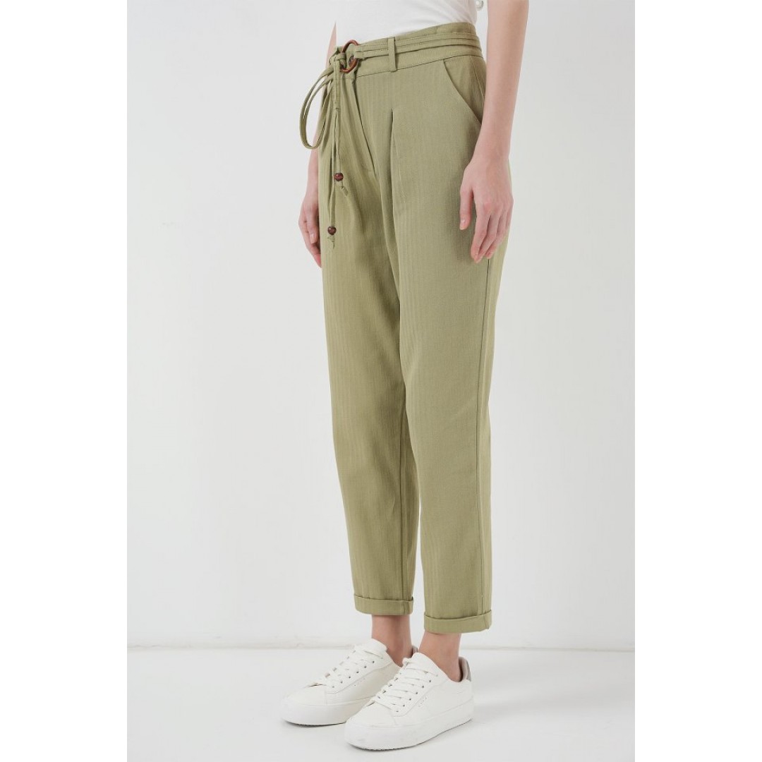 6660 Kemerli Keten Pantolon - Haki 145897