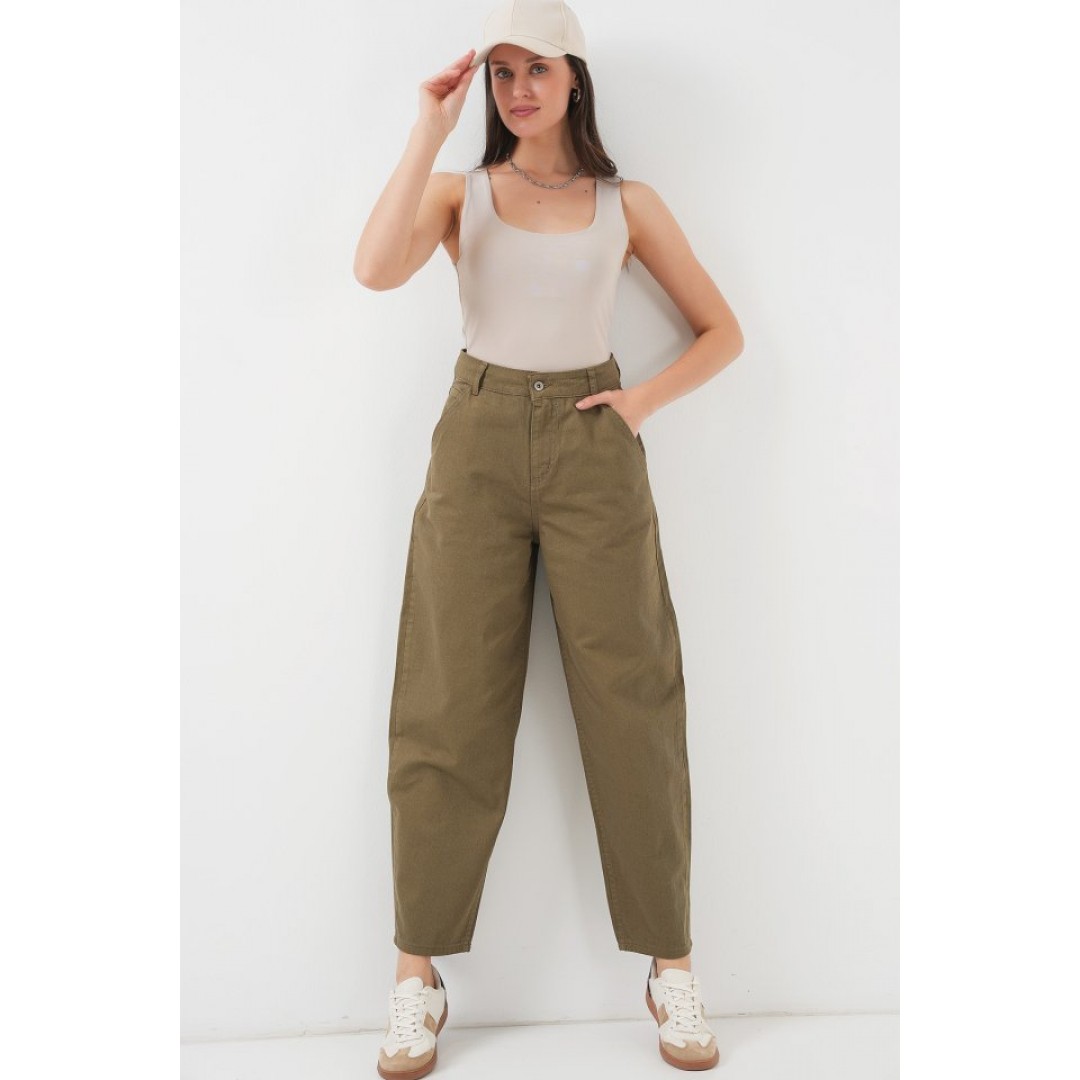 6703 Yüksek Bel Kot Pantolon - Haki - 145903 6703 Yüksek Bel Kot Pantolon - Haki - 145903