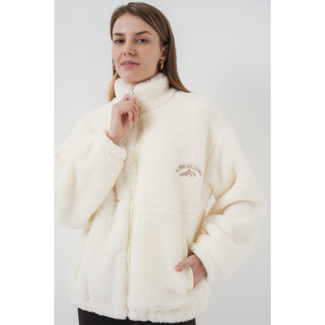 5212 Oversize Peluş Ceket Mont - Ekru