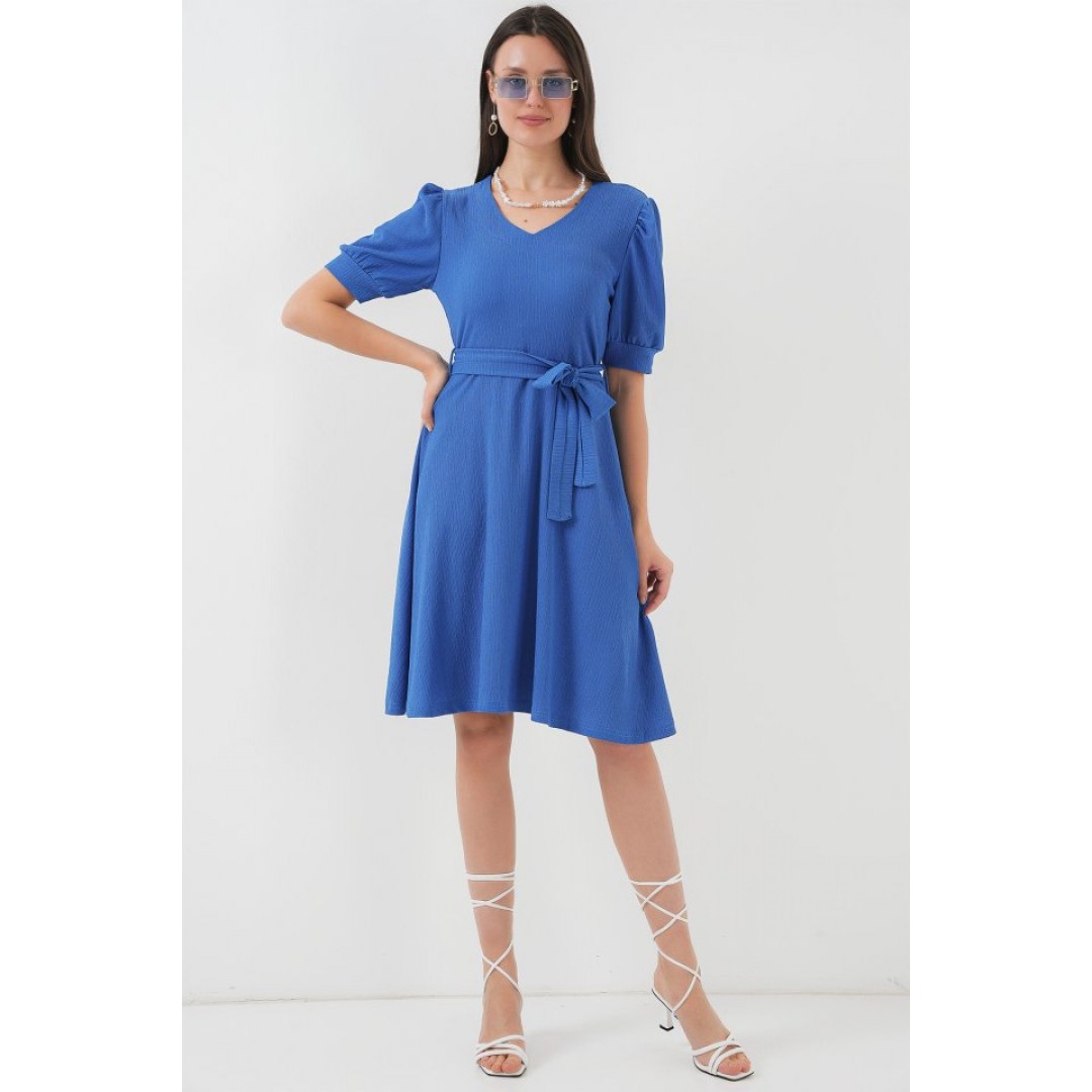 2370 Kuşaklı Örme Elbise - Saks 145934 2370 Kuşaklı Örme Elbise - Saks 145934