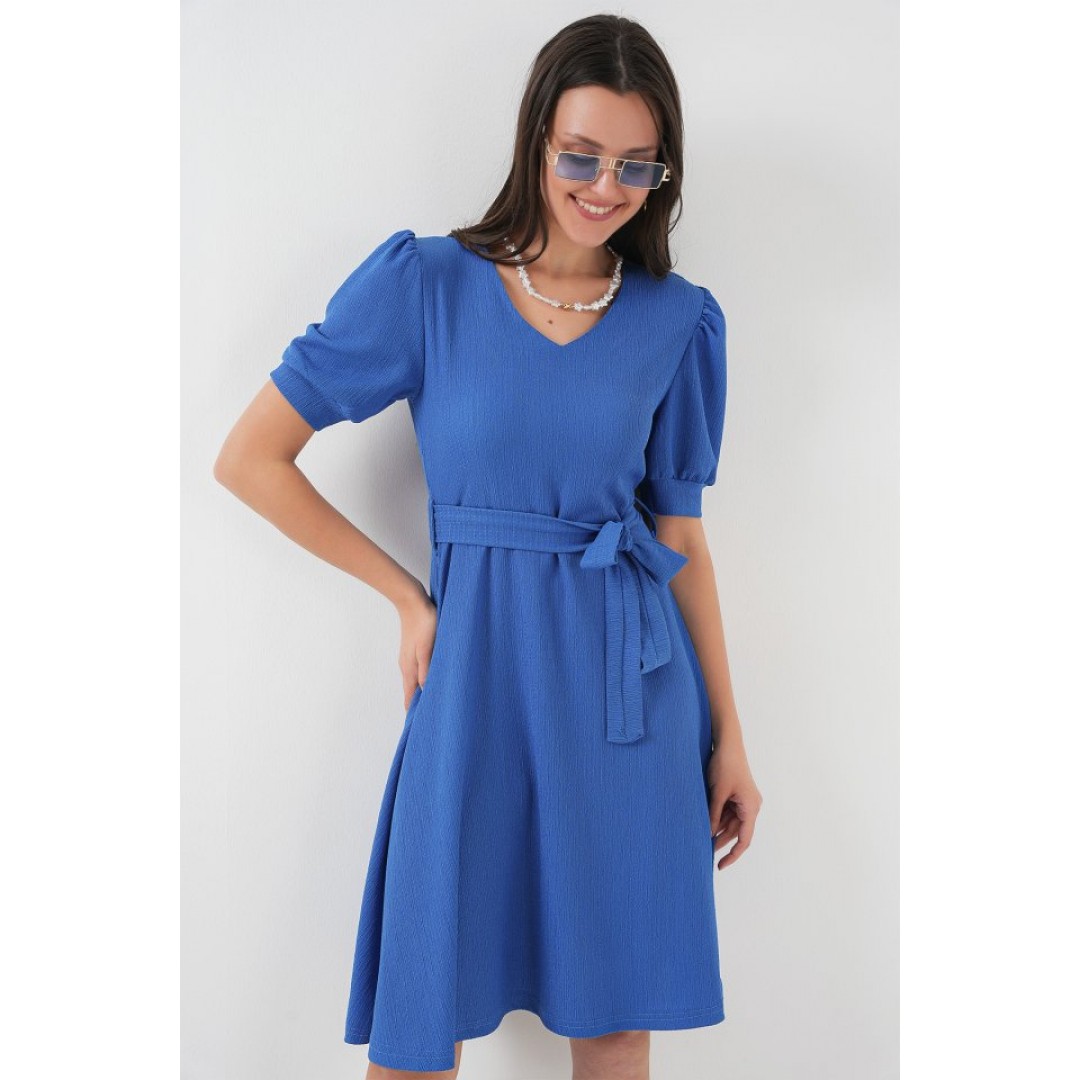 2370 Kuşaklı Örme Elbise - Saks 145934 2370 Kuşaklı Örme Elbise - Saks 145934