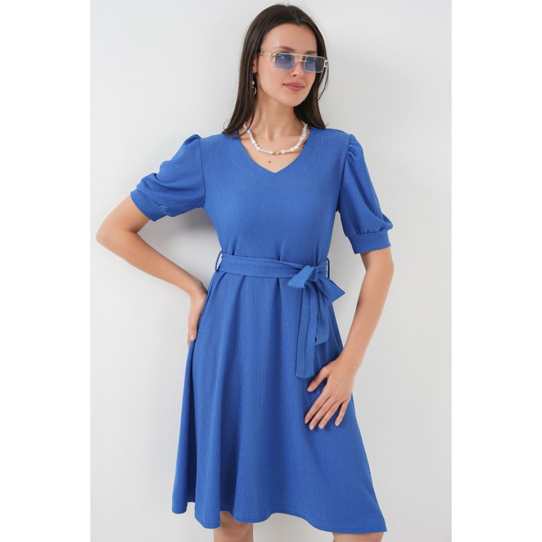 2370 Kuşaklı Örme Elbise - Saks 145934 2370 Kuşaklı Örme Elbise - Saks 145934