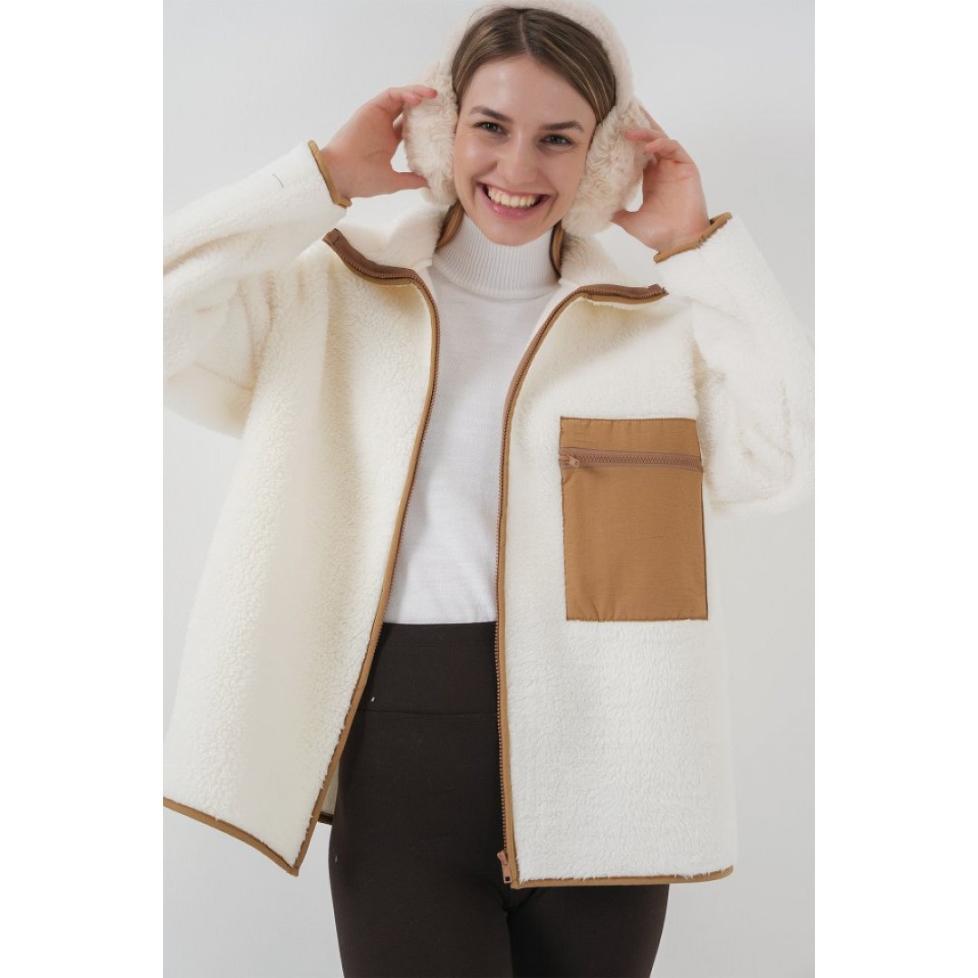 55446 Fermuarlı Oversize Peluş Ceket Mont - Camel