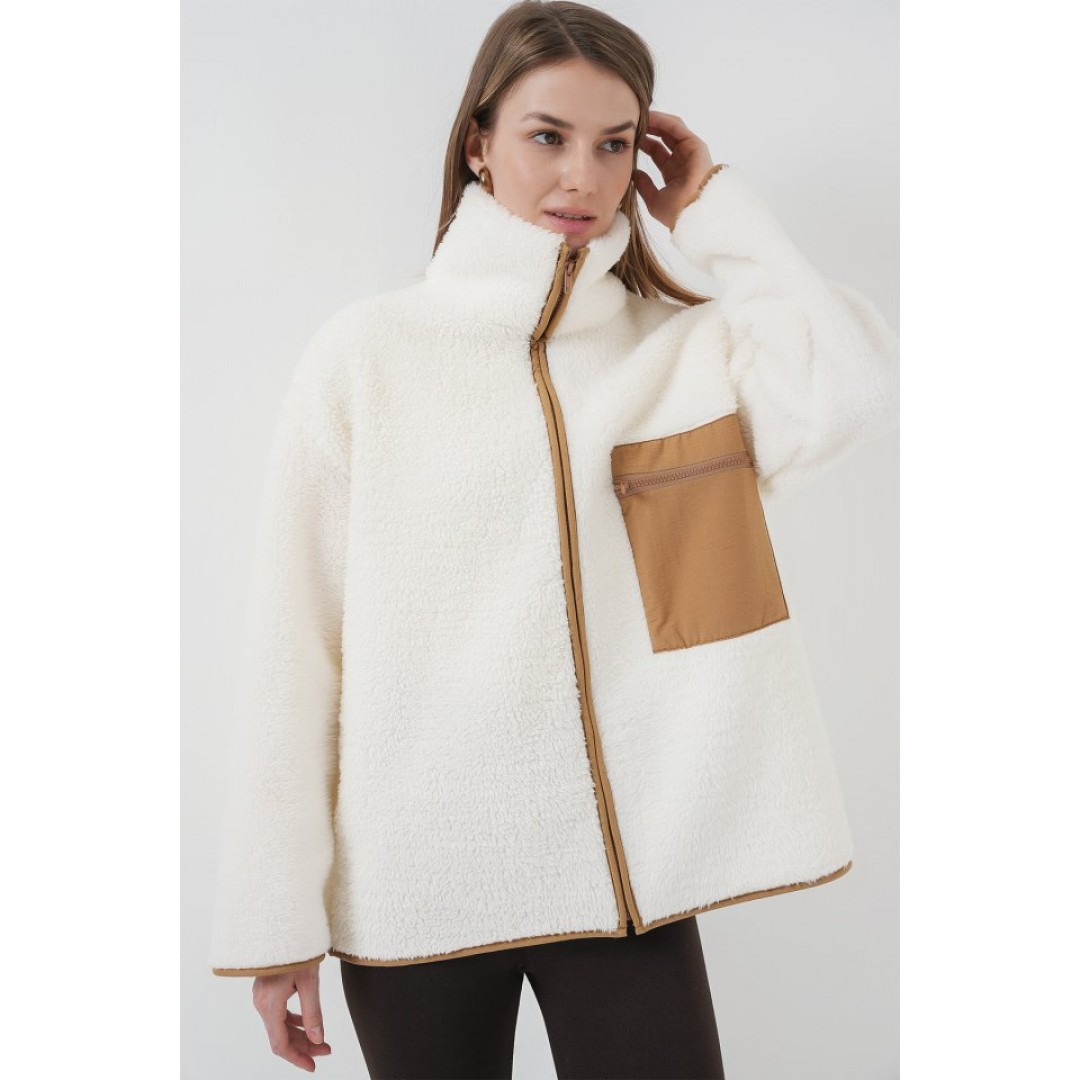 55446 Fermuarlı Oversize Peluş Ceket Mont - Camel 145948