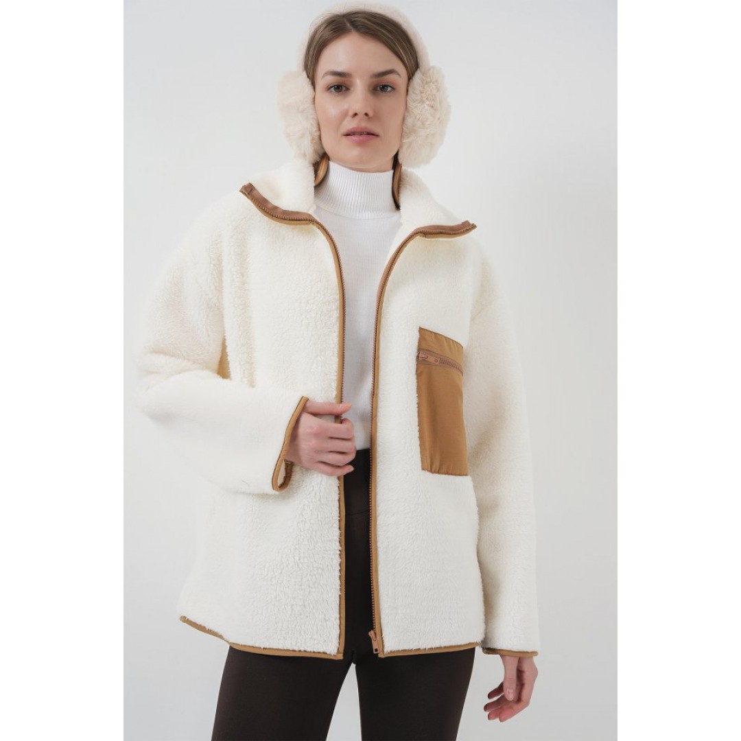 55446 Fermuarlı Oversize Peluş Ceket Mont - Camel 145948