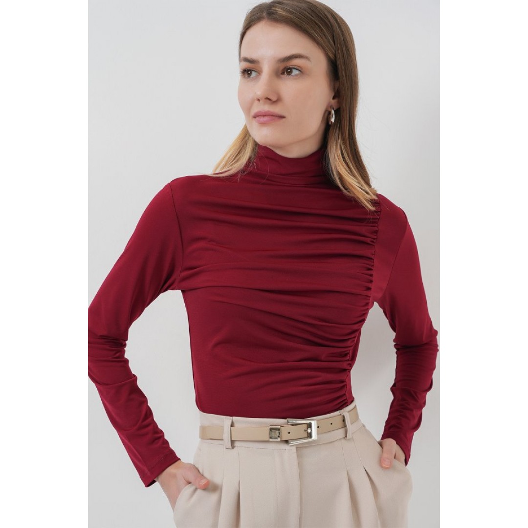 938 Büzgü Detaylı Dik Yaka Sandy Bluz - Bordo 145954 938 Büzgü Detaylı Dik Yaka Sandy Bluz - Bordo 145954