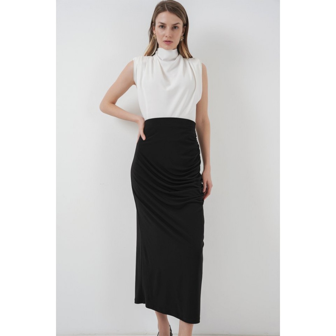 8035 Büzgülü Midi Etek - Siyah