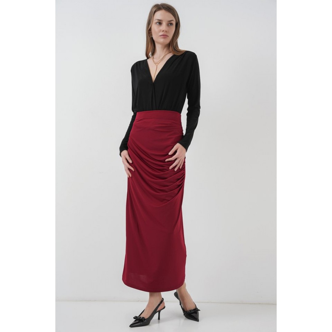 8035 Büzgülü Midi Etek - Bordo