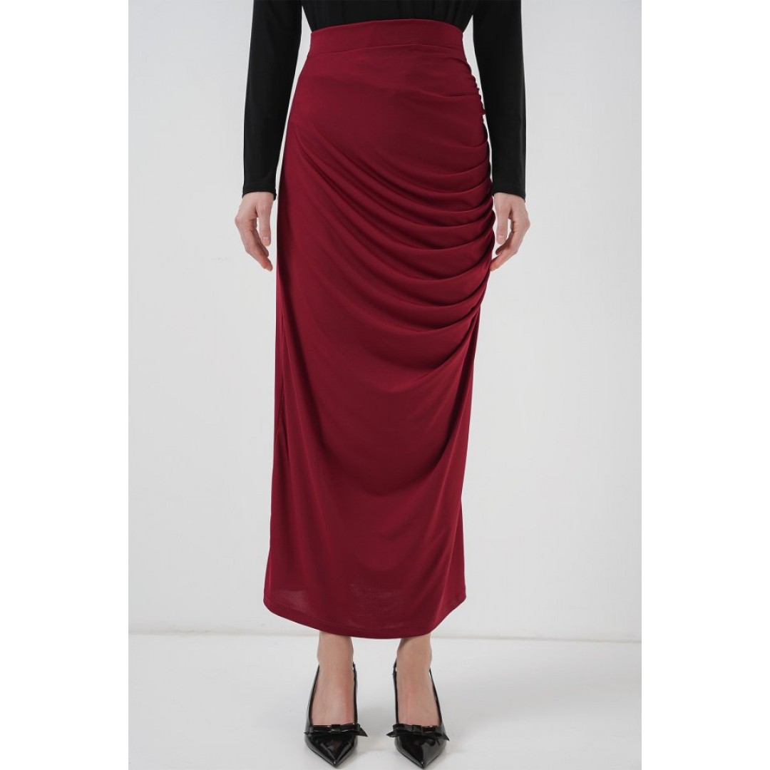 8035 Büzgülü Midi Etek - Bordo - 145964 8035 Büzgülü Midi Etek - Bordo - 145964