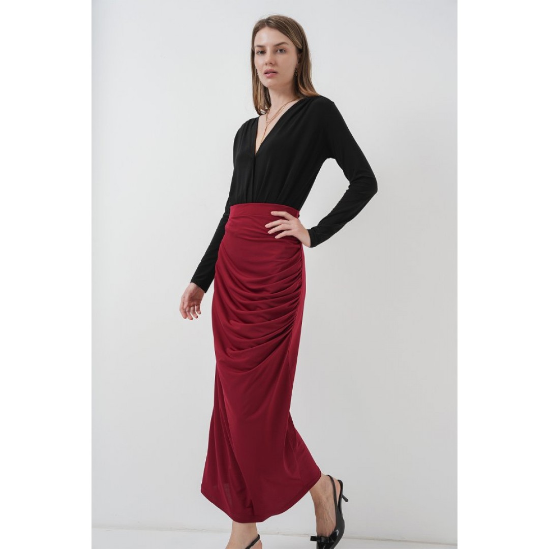 8035 Büzgülü Midi Etek - Bordo - 145964 8035 Büzgülü Midi Etek - Bordo - 145964