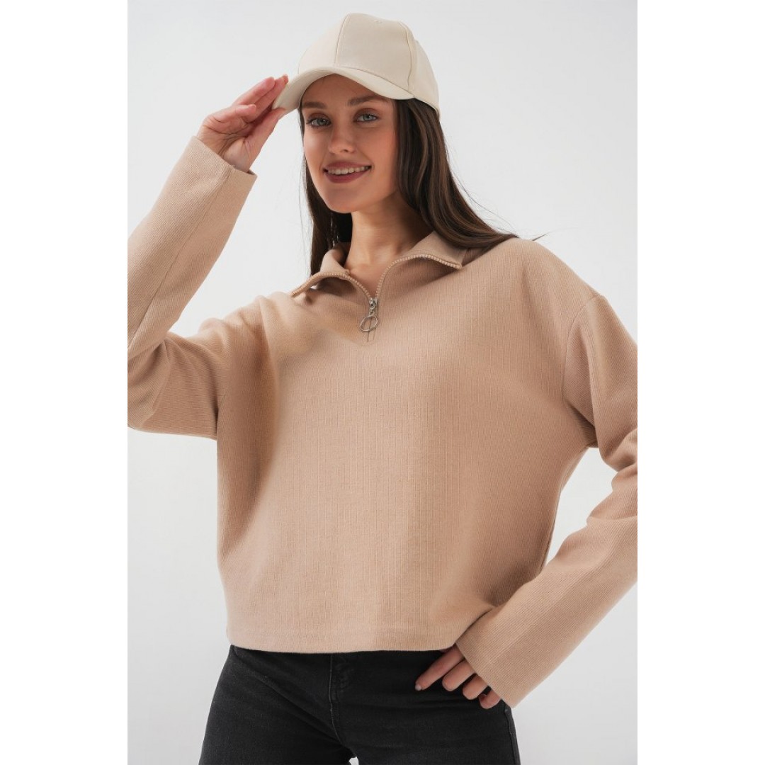 55449 Fermuarlı Yaka Örme Sweatshirt - Camel 145980 55449 Fermuarlı Yaka Örme Sweatshirt - Camel 145980