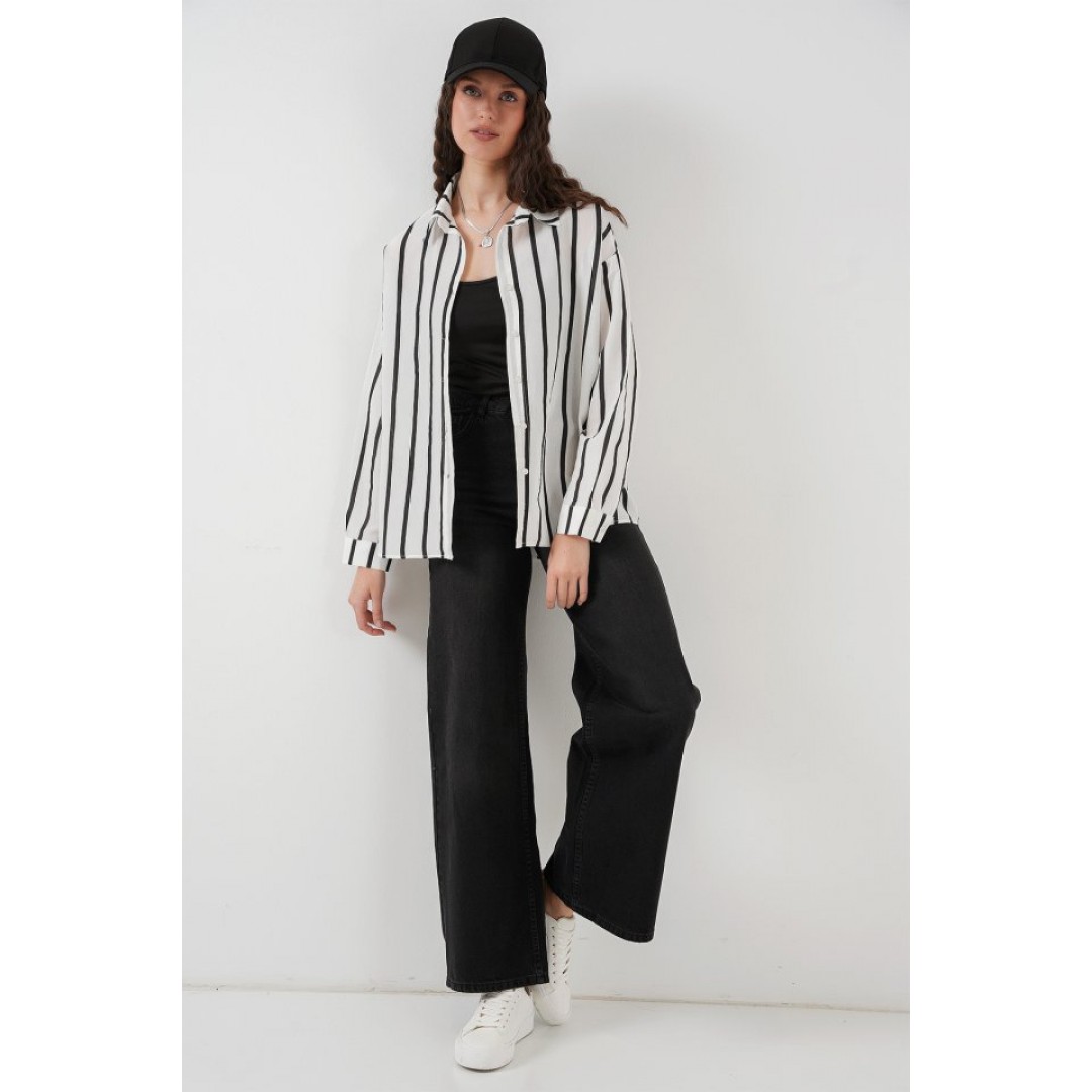 20254 Çizgili Oversize Basic Gömlek - Siyah - Beyaz 146009