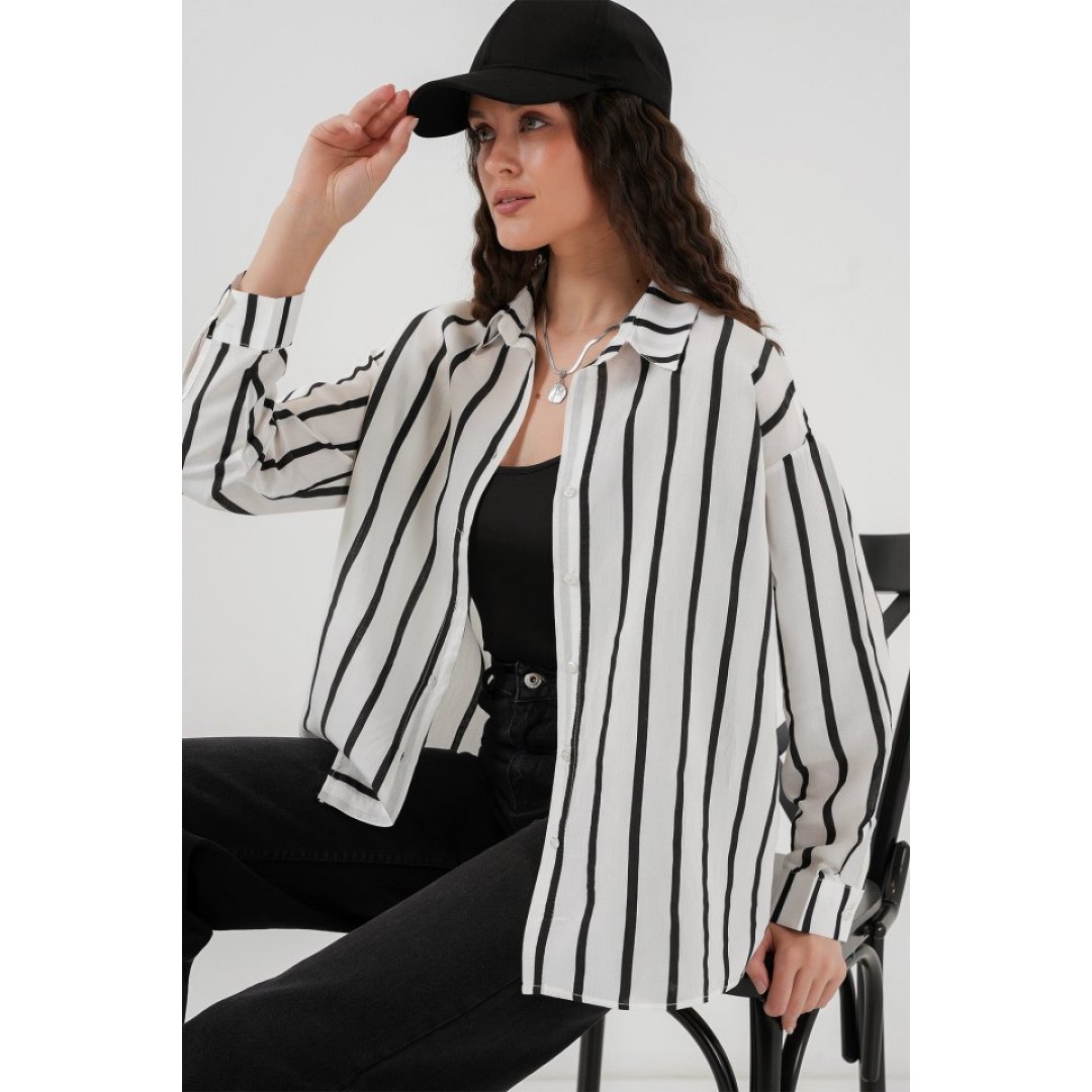 20254 Çizgili Oversize Basic Gömlek - Siyah - Beyaz 146009