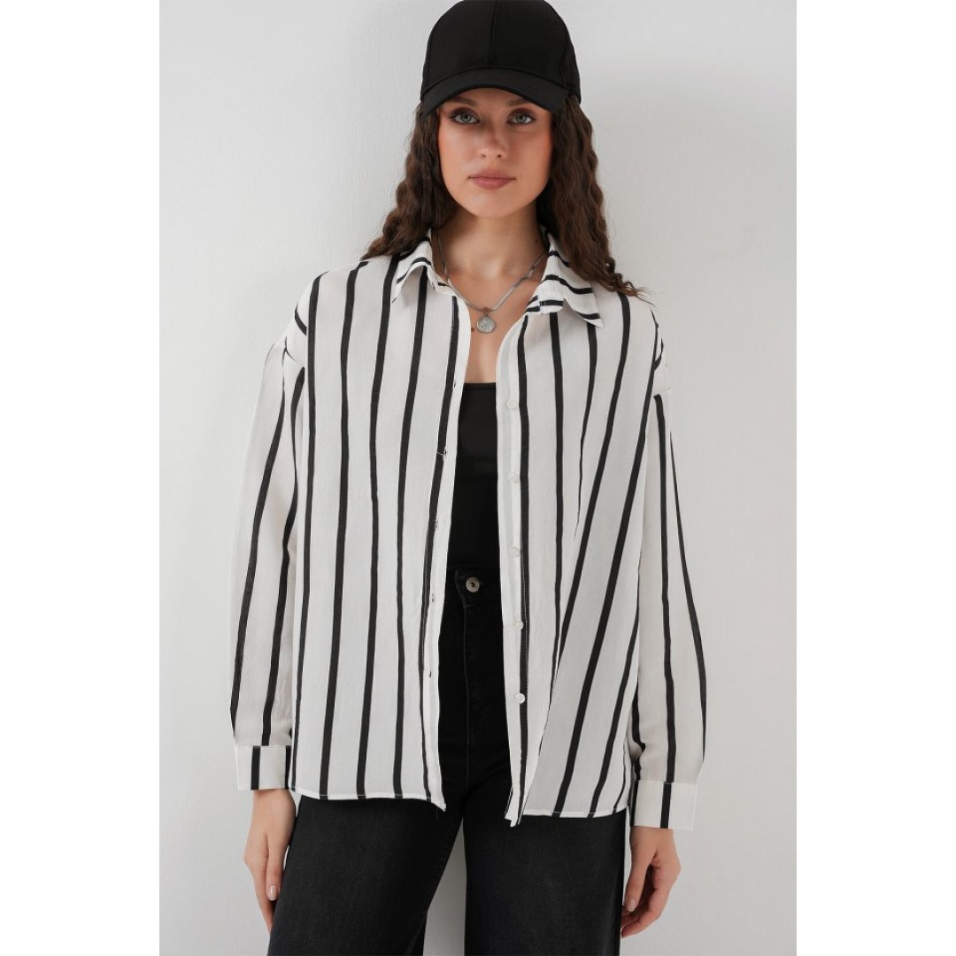 20254 Çizgili Oversize Basic Gömlek - Siyah - Beyaz 146009