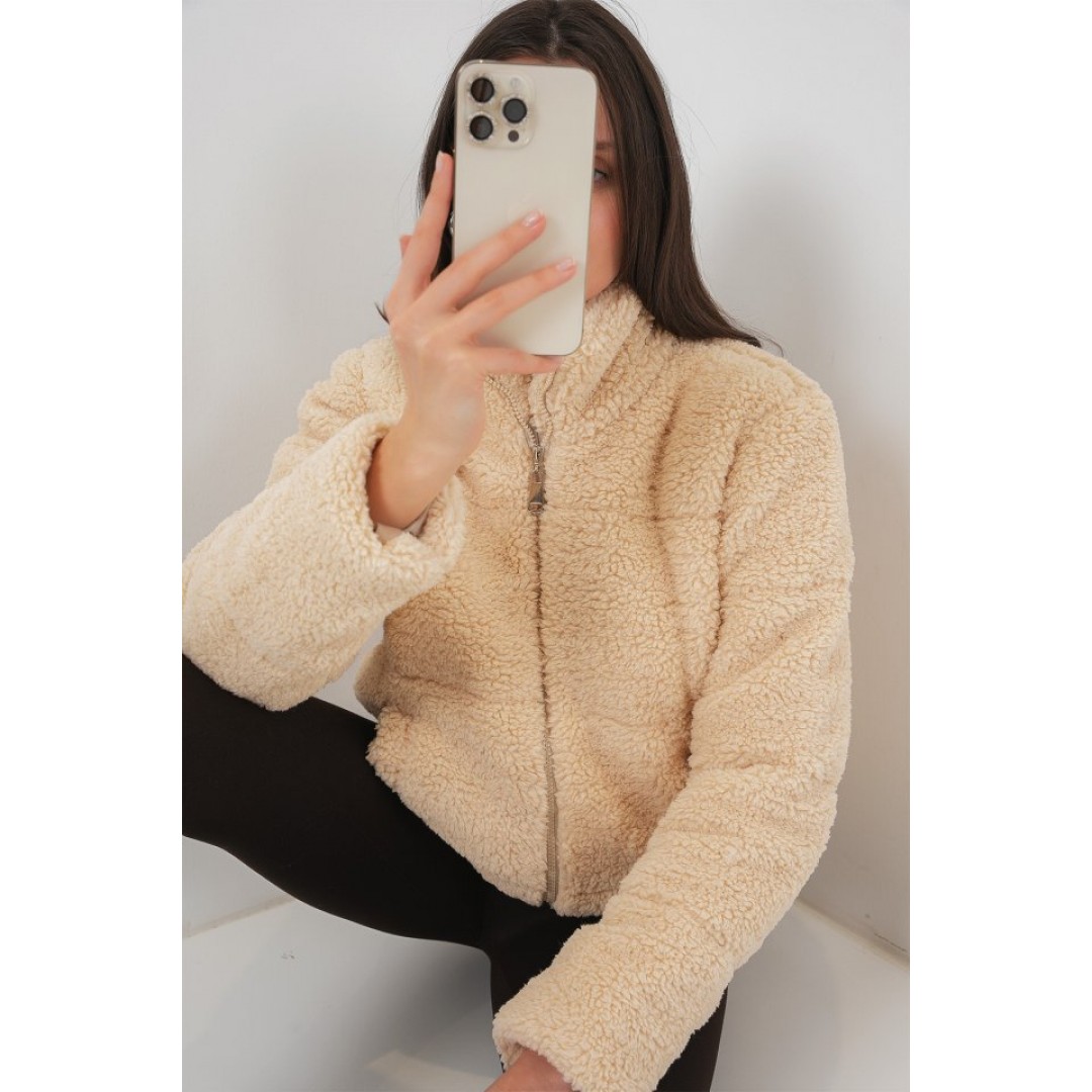 5178 Astarlı Peluş Mont - Krem - 146070