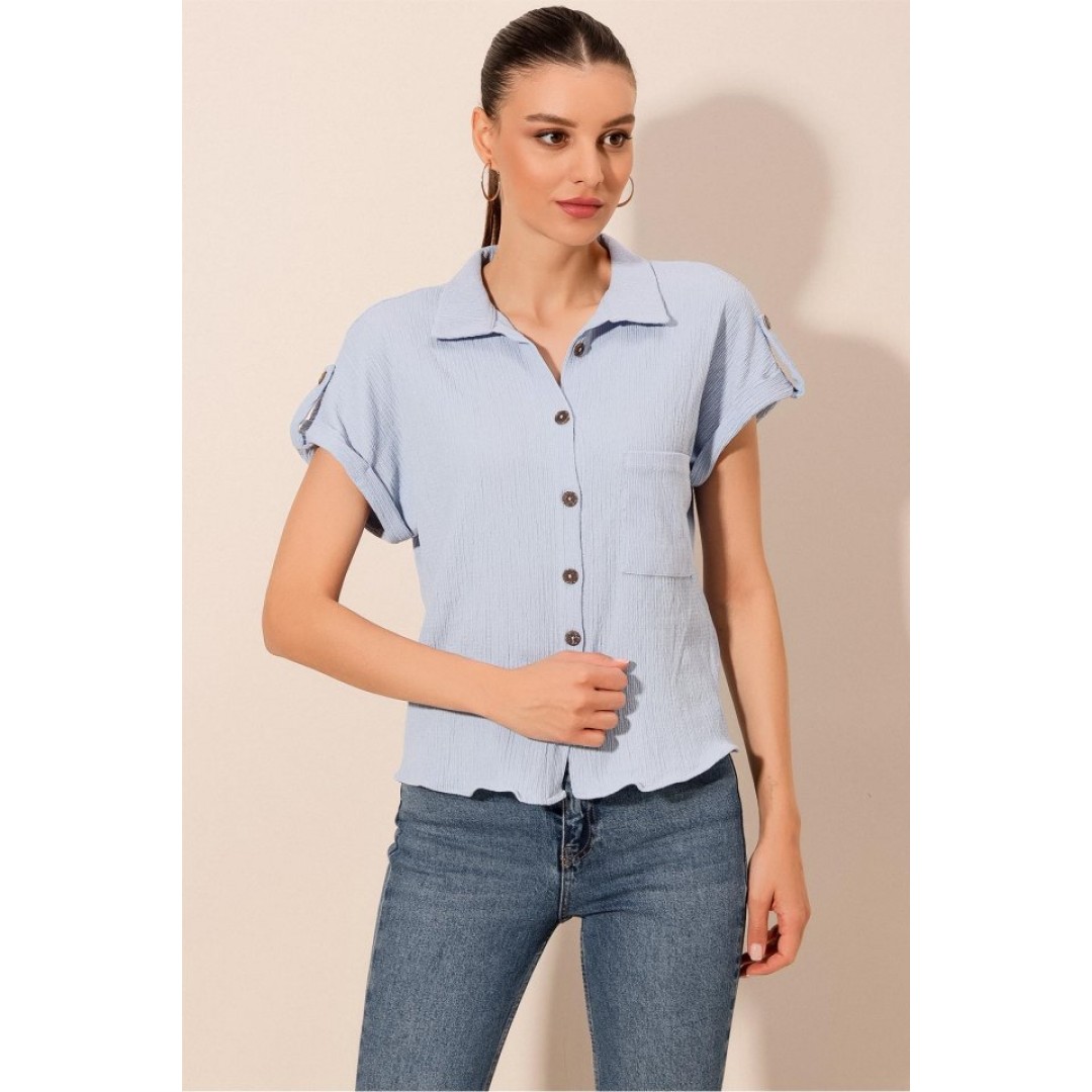 20187 Kısa Kol Oversize Örme Gömlek - Mavi 146116