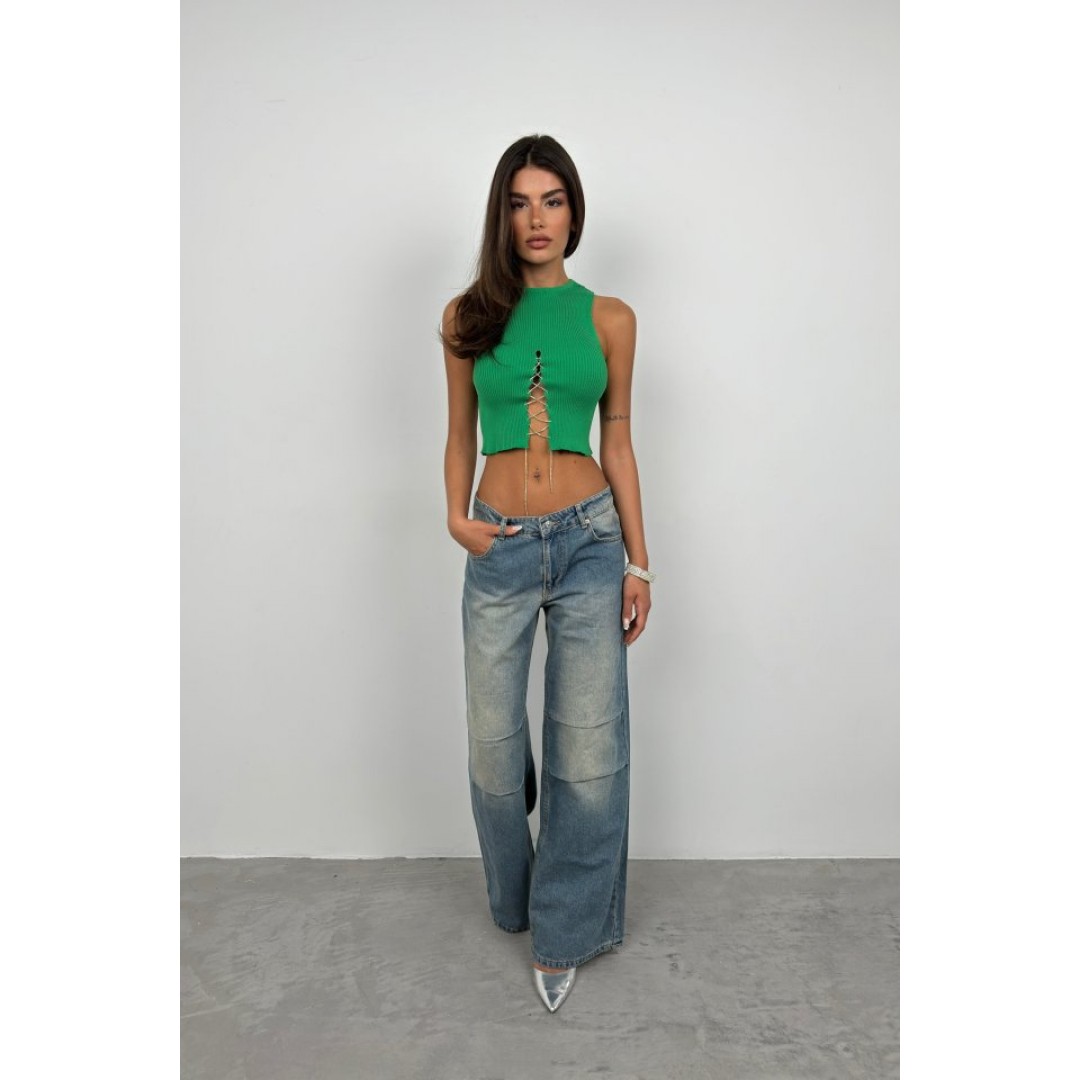 Taş Detay Dekolteli Crop Bluz
