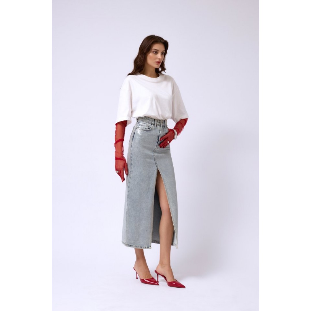 Varak Baskılı Yırtmaçlı Maxi Denim Etek 146295 Varak Baskılı Yırtmaçlı Maxi Denim Etek 146295
