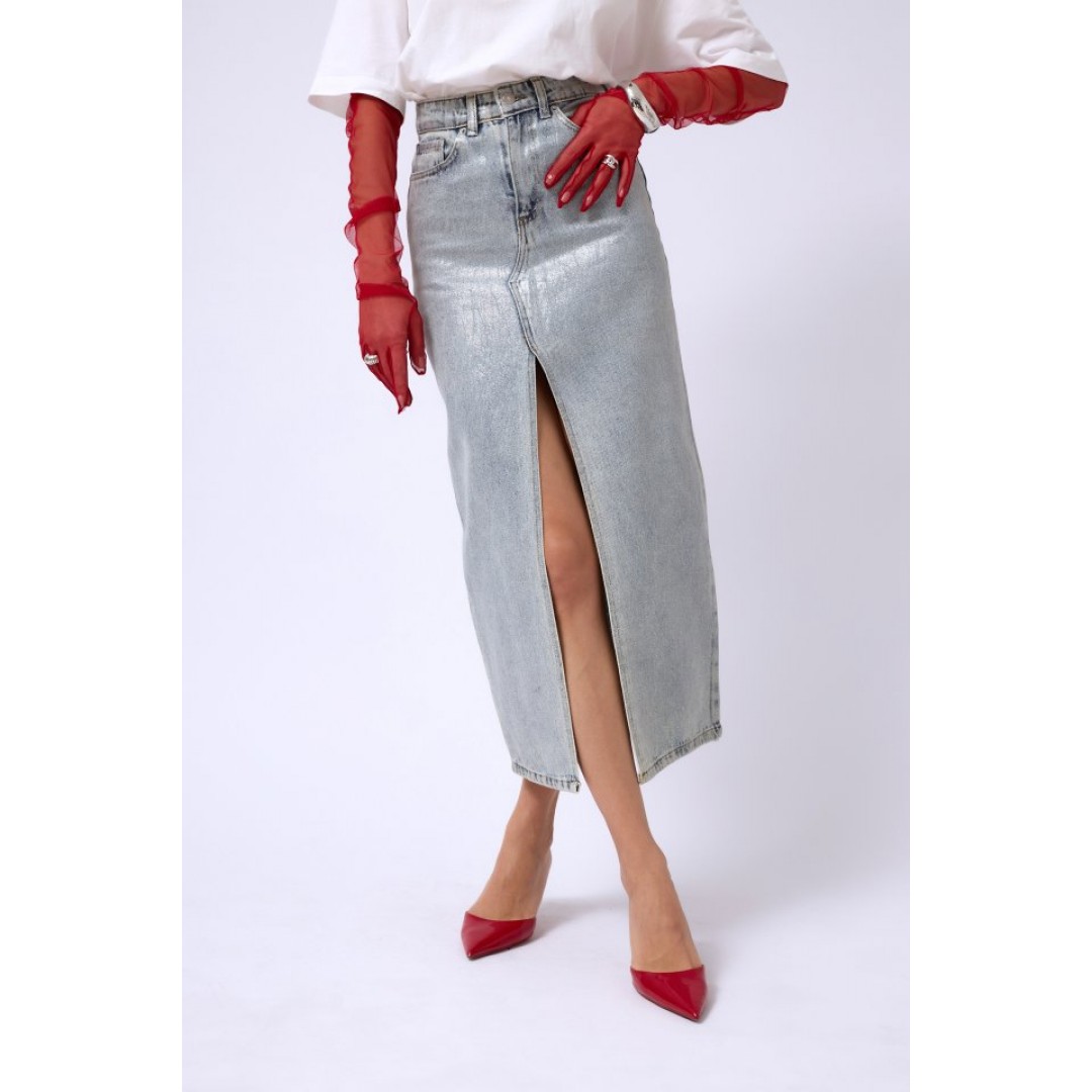 Varak Baskılı Yırtmaçlı Maxi Denim Etek 146295 Varak Baskılı Yırtmaçlı Maxi Denim Etek 146295