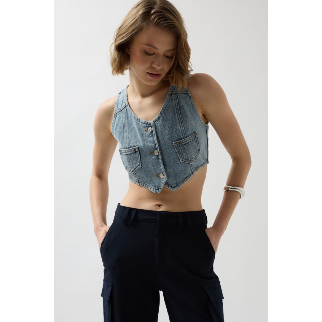 Denim Cepli Yelek