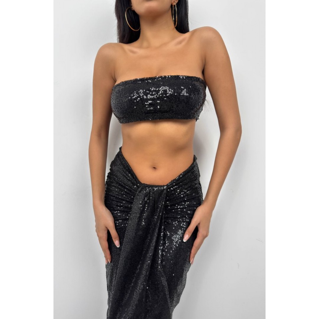 Payetli Straplez Crop Etek Takım 146339 Payetli Straplez Crop Etek Takım 146339