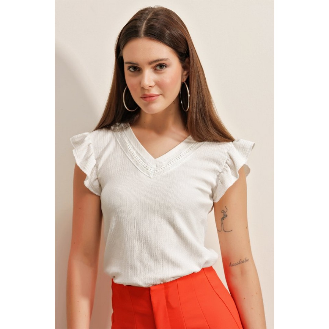 0467 V Yaka Örme Bluz - Beyaz 146370