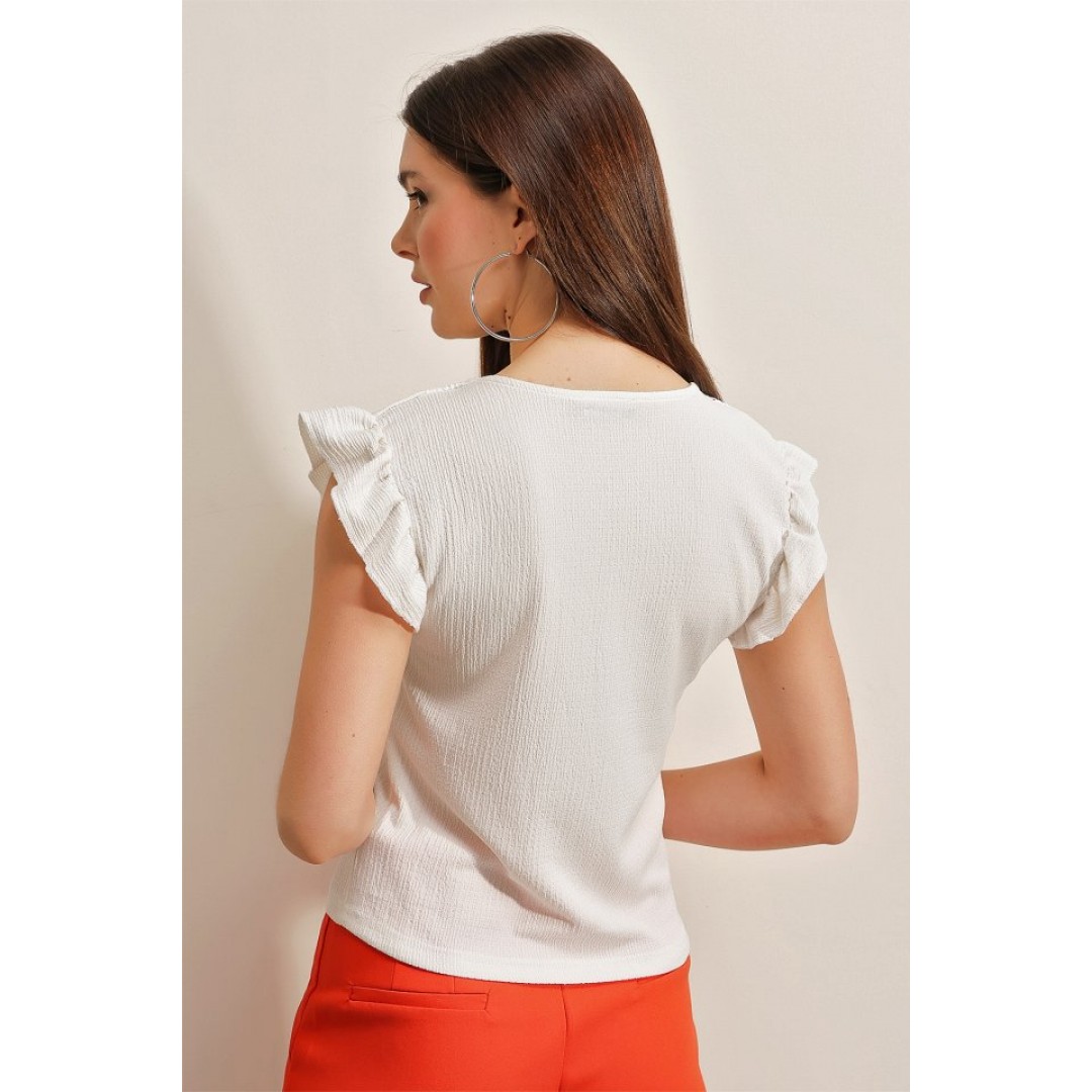 0467 V Yaka Örme Bluz - Beyaz 146370