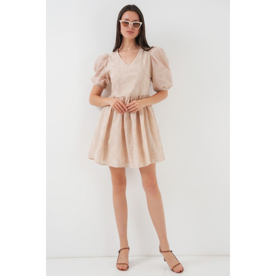 2529 Fistolu Kısa Elbise - Bej 146383