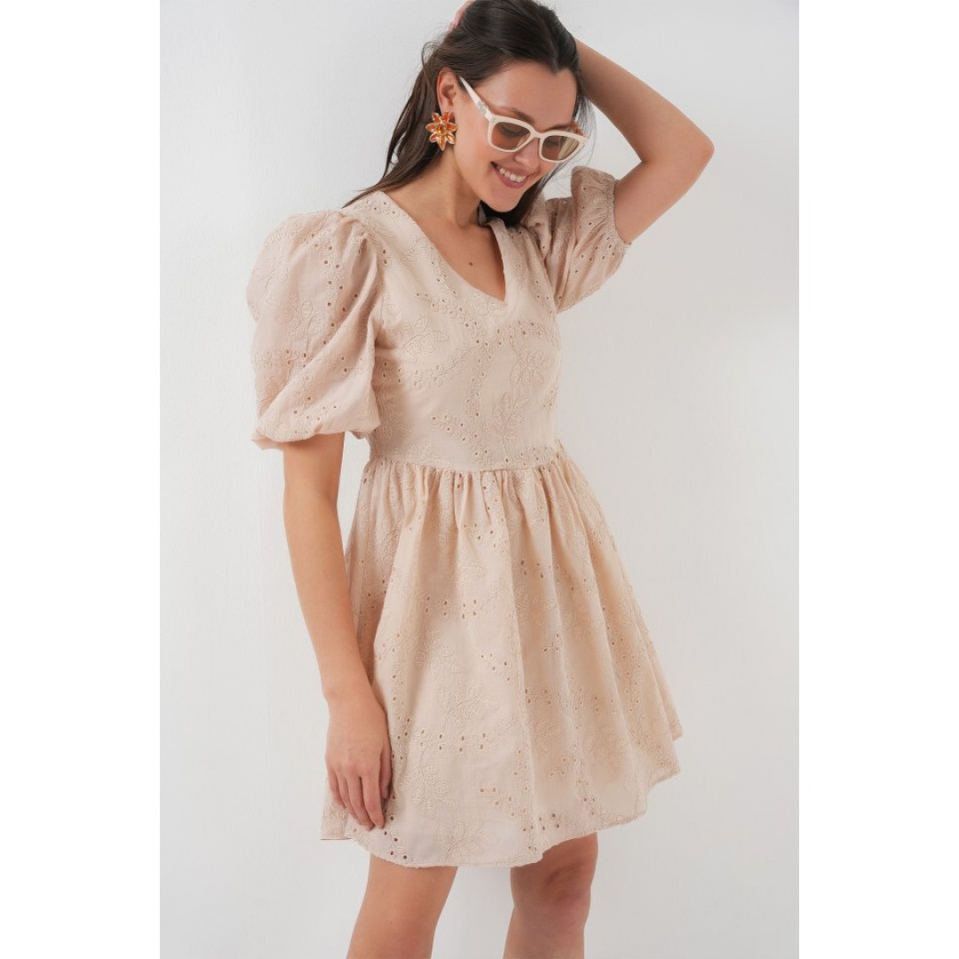 2529 Fistolu Kısa Elbise - Bej 146383
