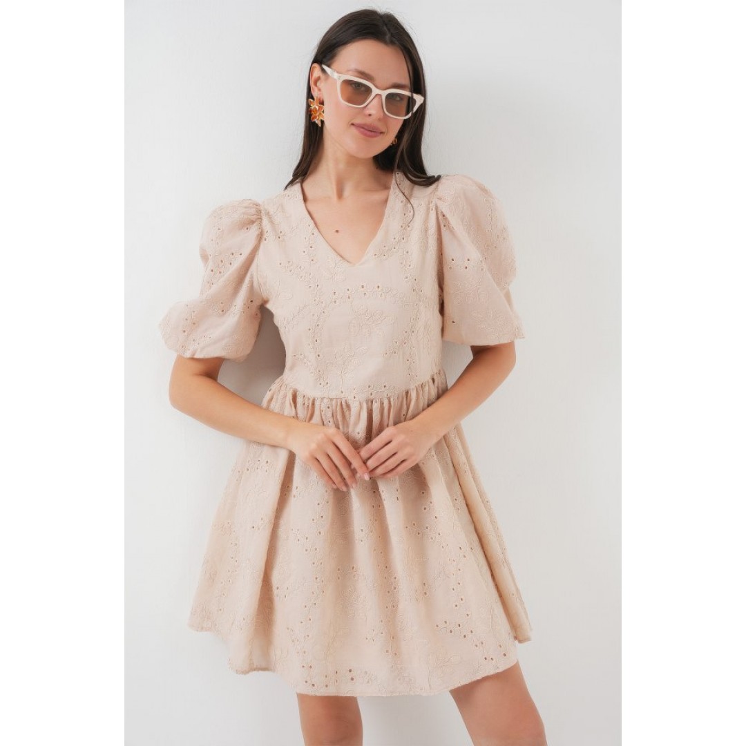 2529 Fistolu Kısa Elbise - Bej 146383