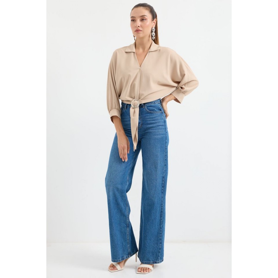 905 Oversize Dökümlü Bluz - Bej - 146387 905 Oversize Dökümlü Bluz - Bej - 146387