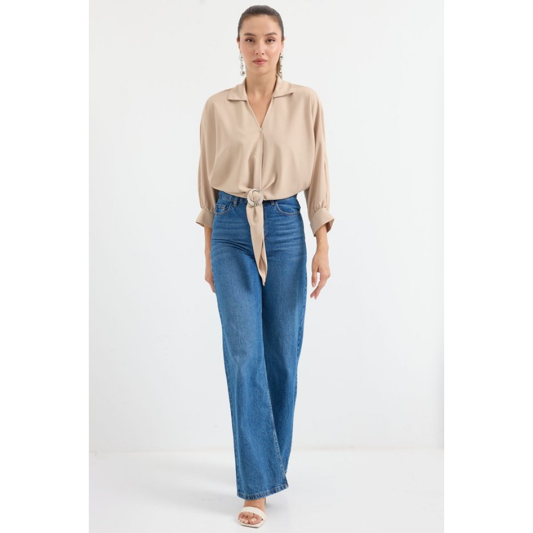 905 Oversize Dökümlü Bluz - Bej - 146387 905 Oversize Dökümlü Bluz - Bej - 146387