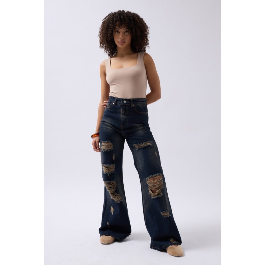 Lazer Kesim Wide Leg Yüksek Bel Jean - 146635