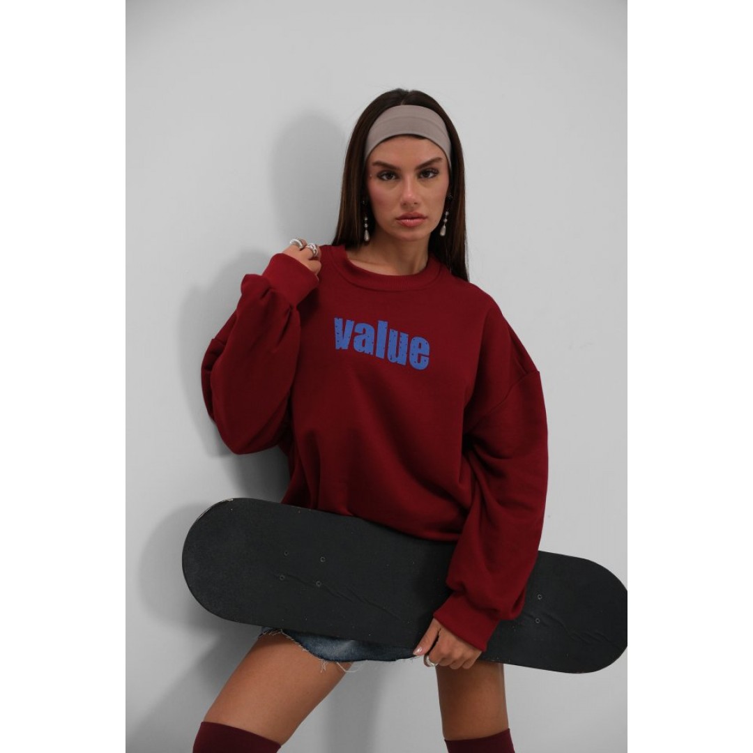 Baskılı Sıfır Yaka Oversize Sweatshirt